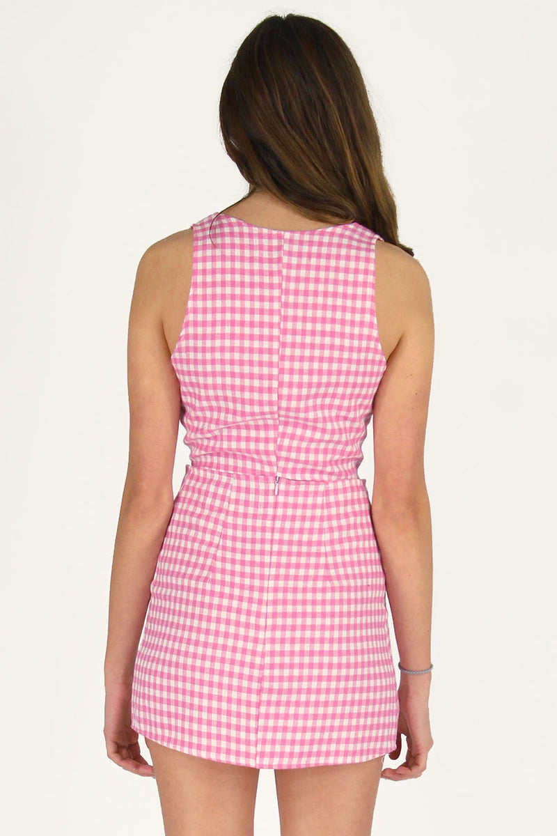 Front Tie Tank Top - Flannel Pink Checker