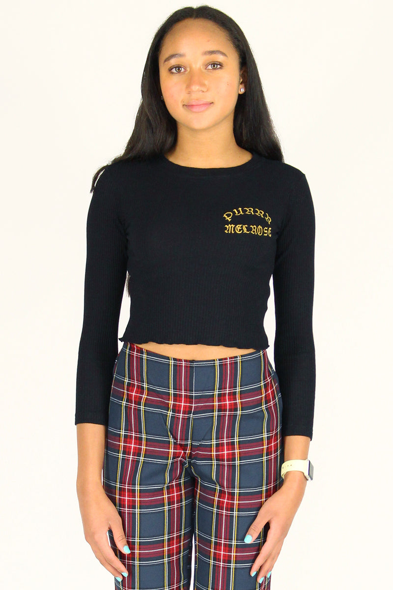 Purrr Melrose Ribbed Long Sleeve Shirt - Black with Gold Embroidered Logo