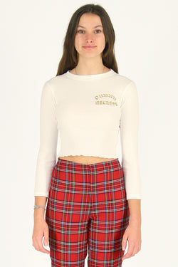 Purrr Melrose Ribbed Long Sleeve Shirt - White with Gold Embroidered Logo