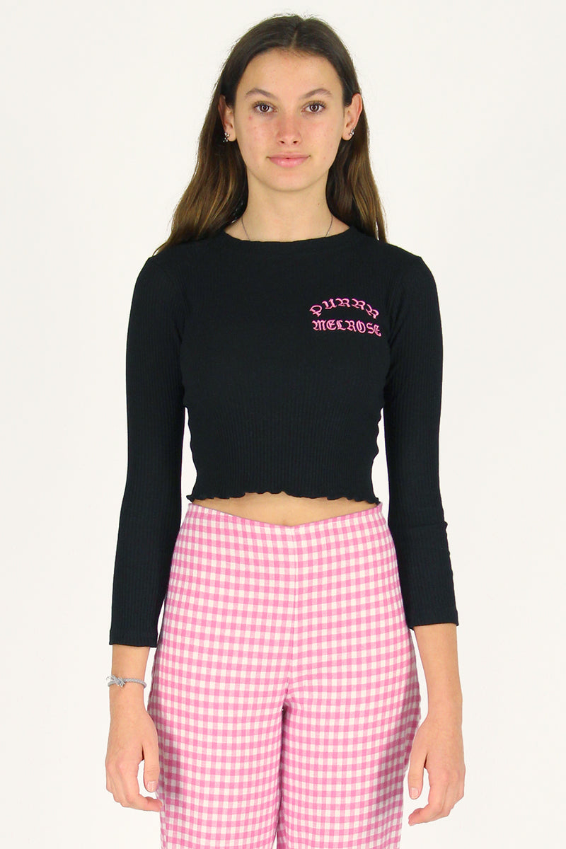Purrr Melrose Ribbed Long Sleeve Shirt - Black with Pink Embroidered Logo