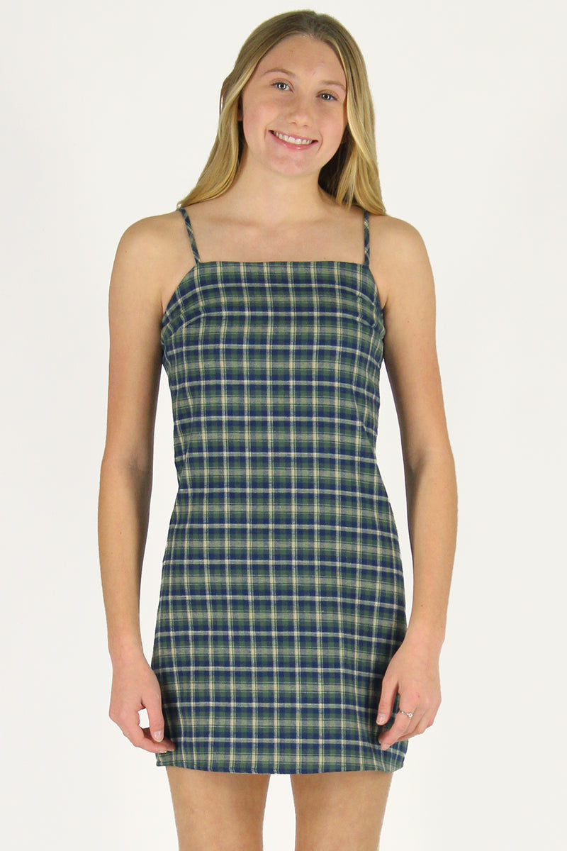Fitted Square Strap Dress - Flannel Green Plaid purrrshop Fitted Square Strap Dress - Flannel Green Plaid purrrshop