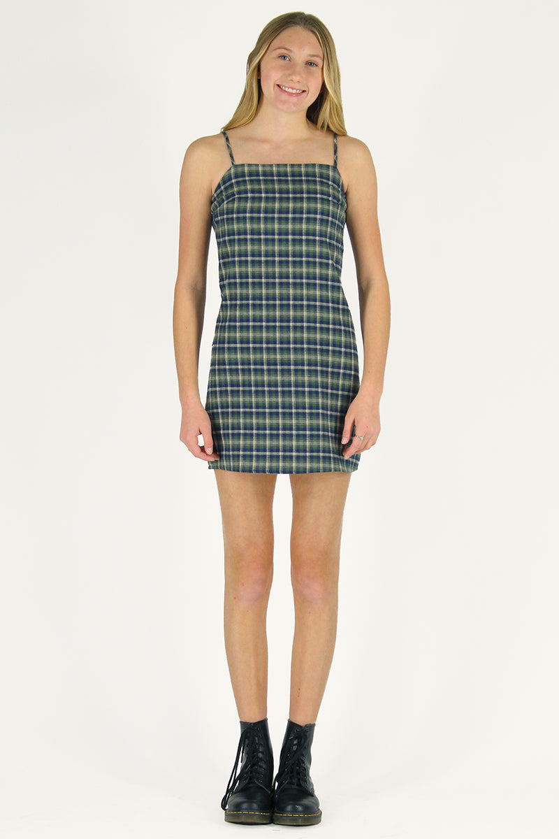Fitted Square Strap Dress - Flannel Green Plaid