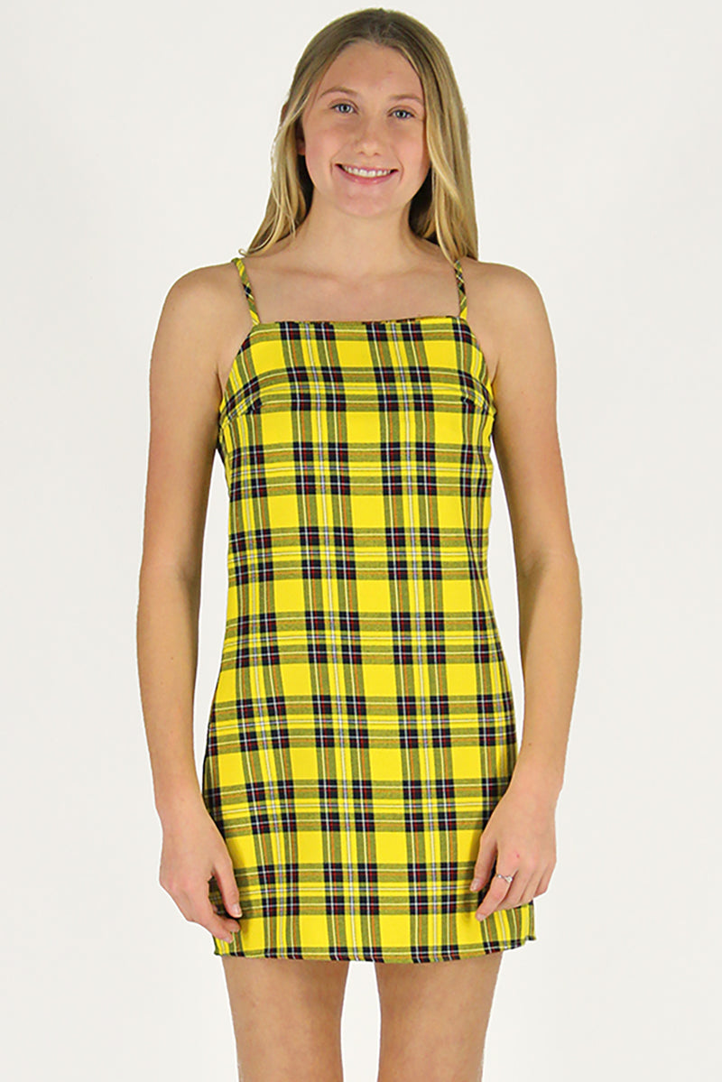 Fitted Square Strap Dress - Yellow Plaid