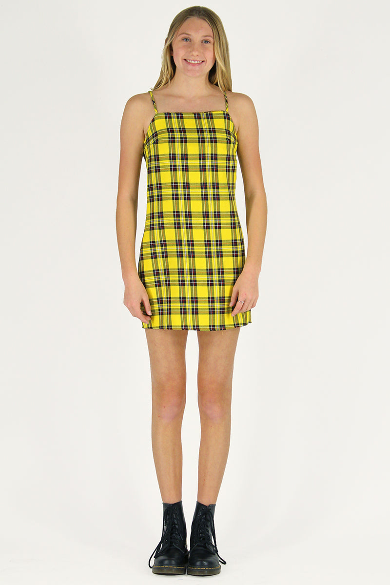 Fitted Square Strap Dress - Yellow Plaid