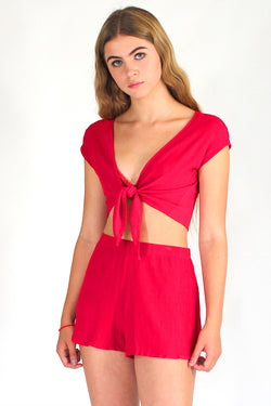 Front Tie Shirt and Shorts - Red Scrunchy