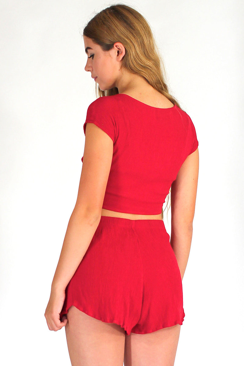 Front Tie Shirt and Shorts - Red Scrunchy