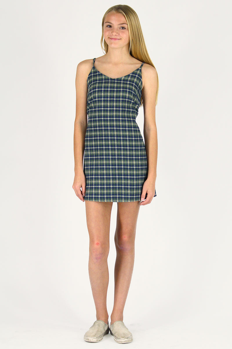Adjustable Lace Back Dress - Flannel Green Plaid purrrshop Adjustable Lace Back Dress - Flannel Green Plaid purrrshop