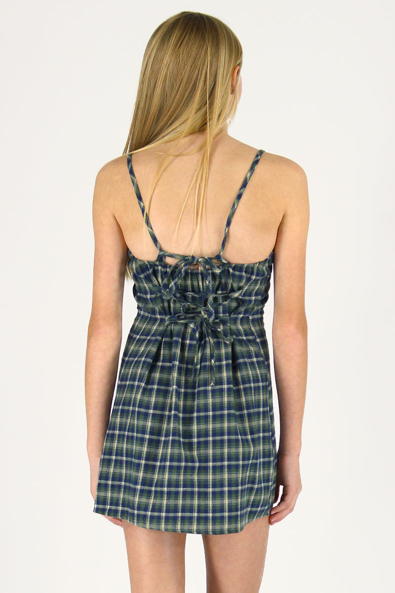Adjustable Lace Back Dress - Flannel Green Plaid