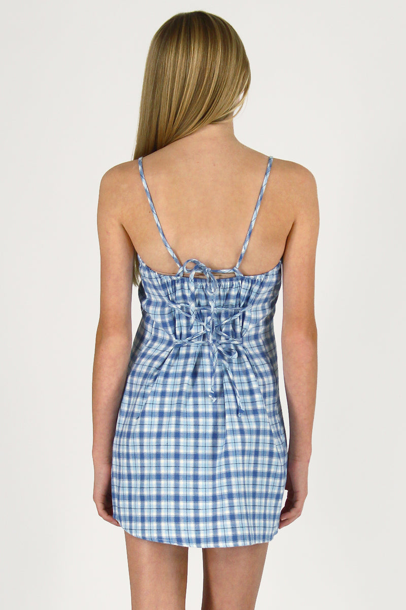 Adjustable Lace Back Dress - Flannel Blue Plaid