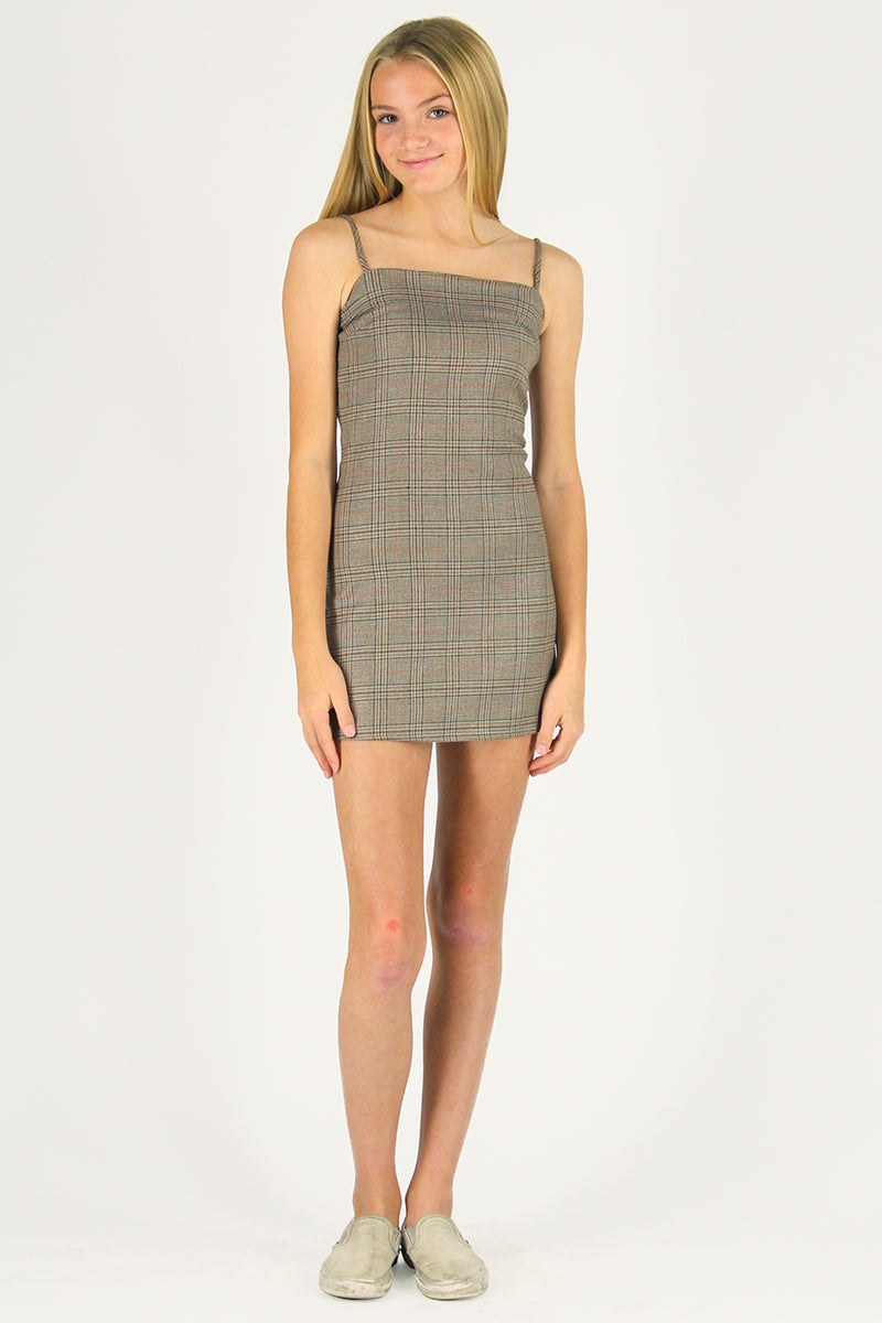 Fitted Square Strap Dress - Beige Plaid