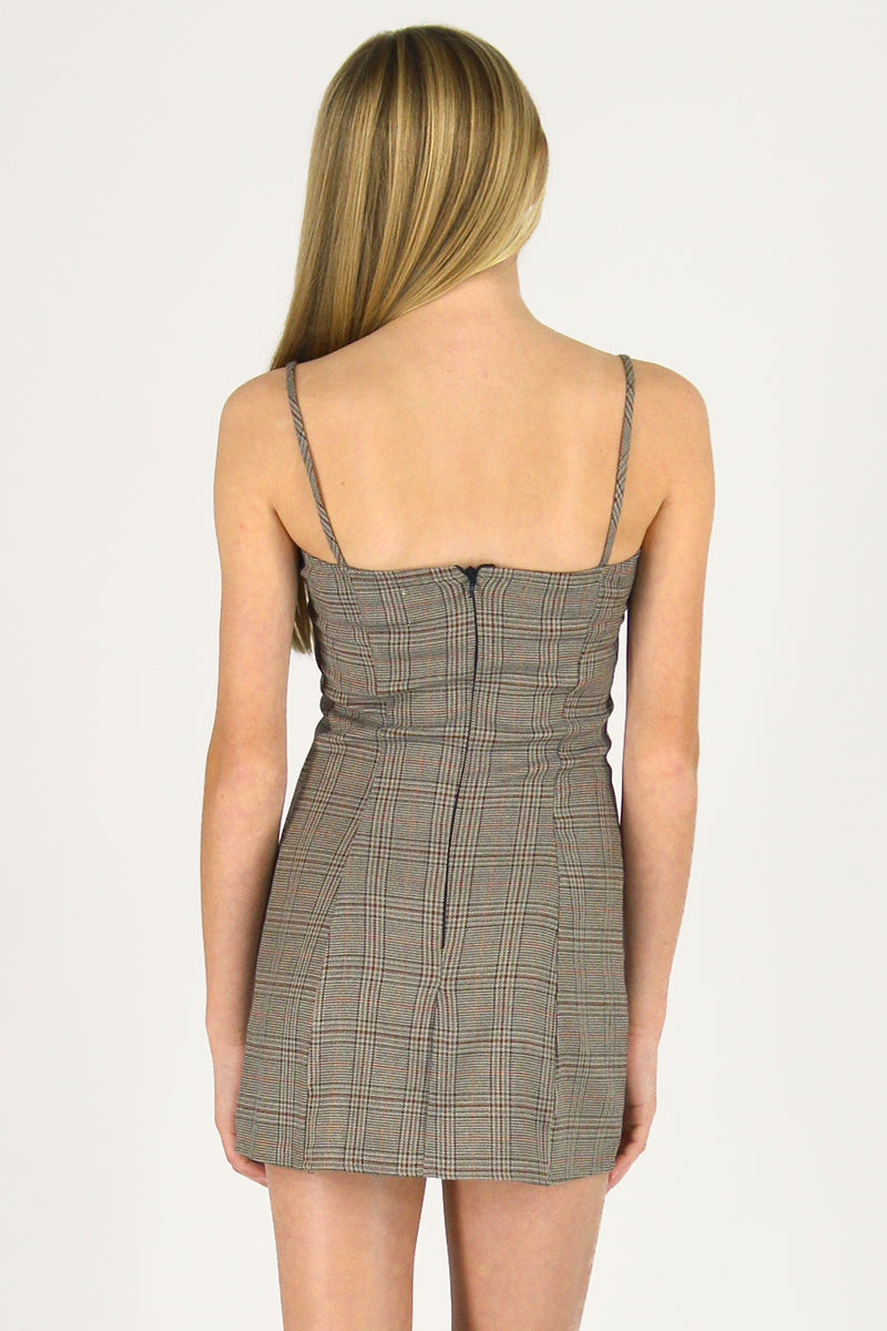 Fitted Square Strap Dress - Beige Plaid