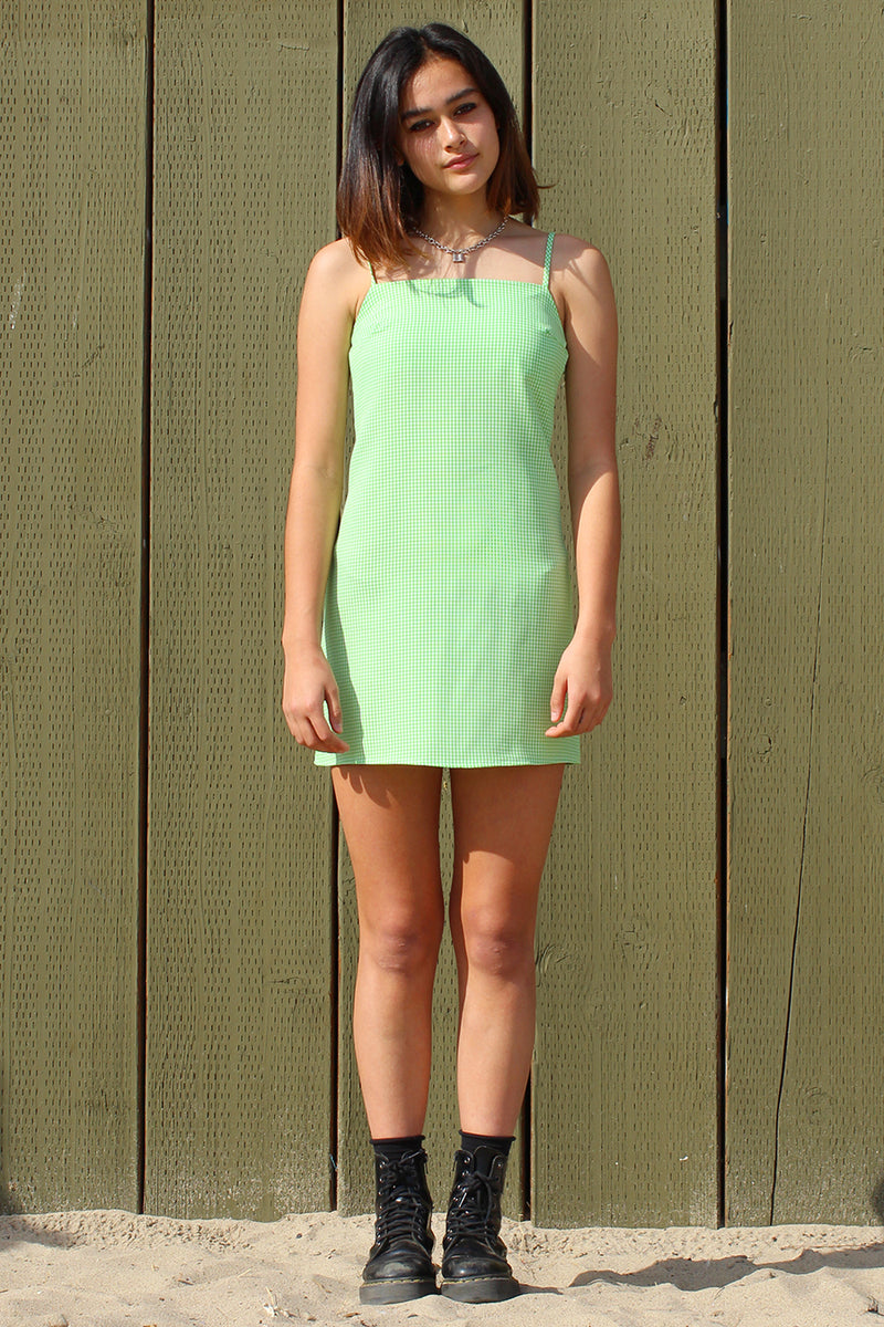 Fitted Square Strap Dress - Lime Green Gingham