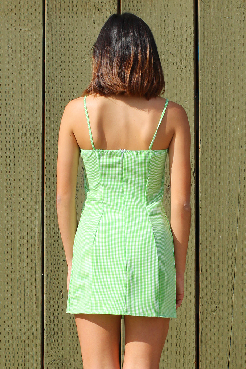 Fitted Square Strap Dress - Lime Green Gingham