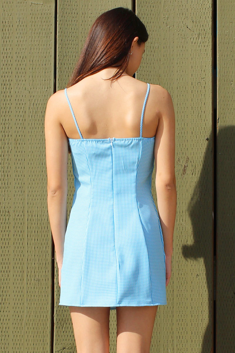 Fitted Square Strap Dress - Baby Blue Gingham