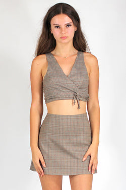 Wrap Crop Top and Skirt - Beige Plaid