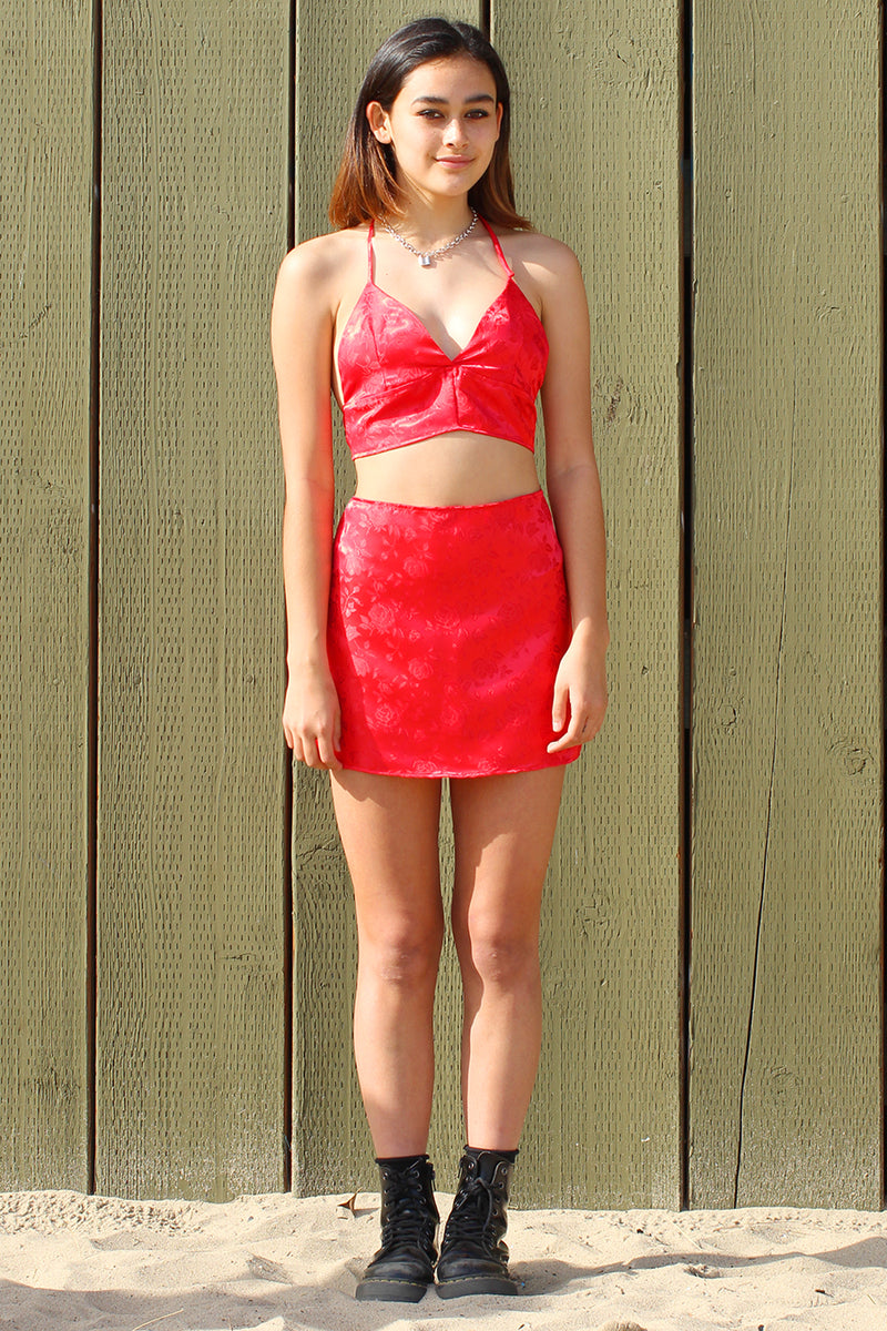 Bralette and Skirt - Red Satin with Roses
