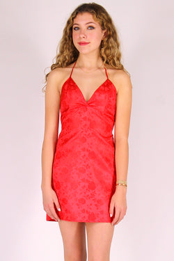 Adjustable Bralette Dress - Red Satin with Roses