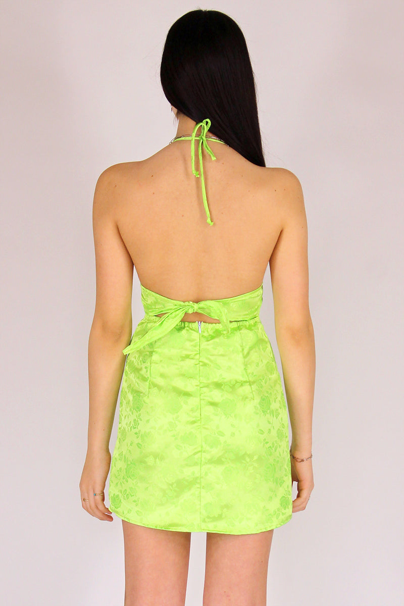 Adjustable Bralette Dress - Lime Green Satin with Roses