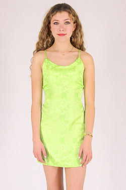Adjustable Satin Dress - Lime Green with Roses