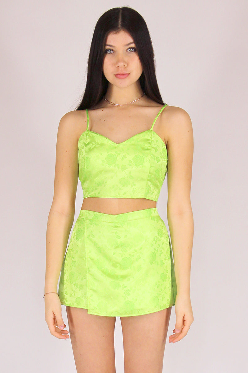 Adjustable Cami Top and Skorts - Lime Green Satin with Roses