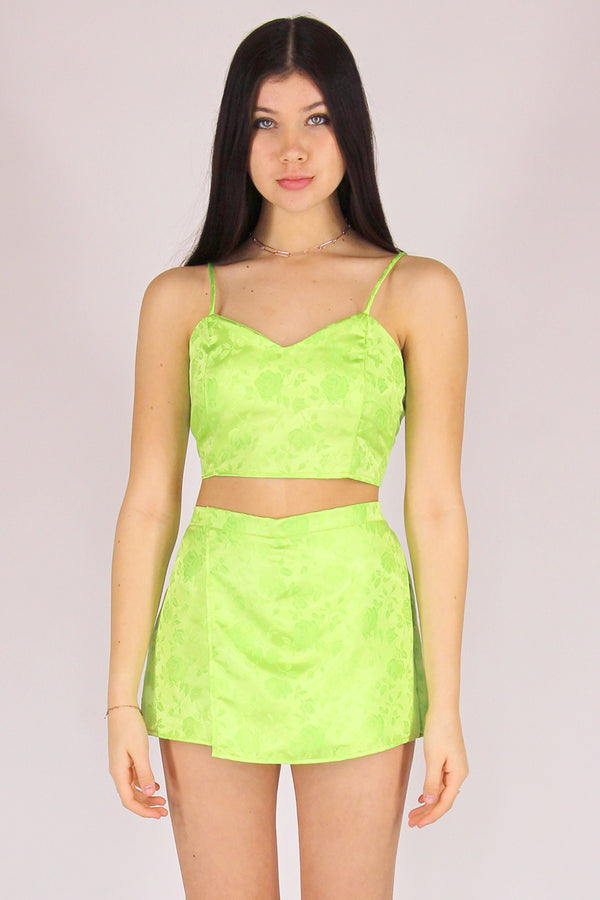 Adjustable Cami Top - Lime Green Satin with Roses