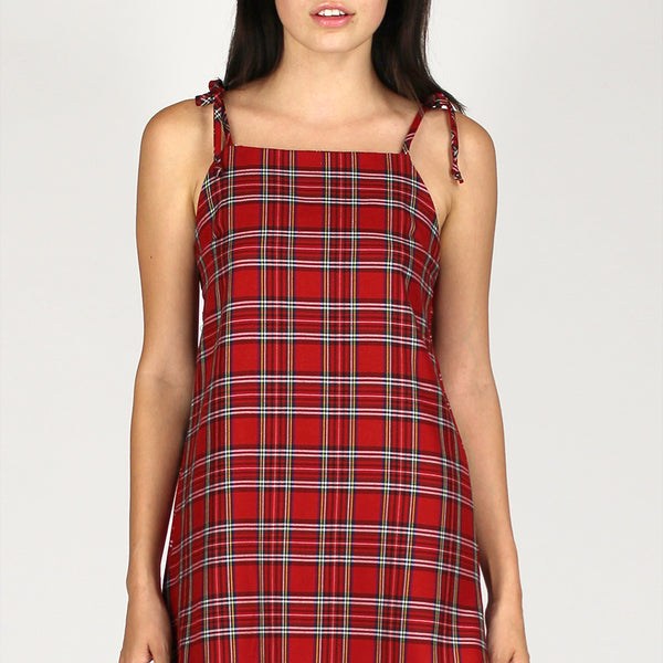 Ribbon Square Neck Dress - Red Plaid purrrshop Ribbon Square Neck Dress - Red Plaid purrrshop