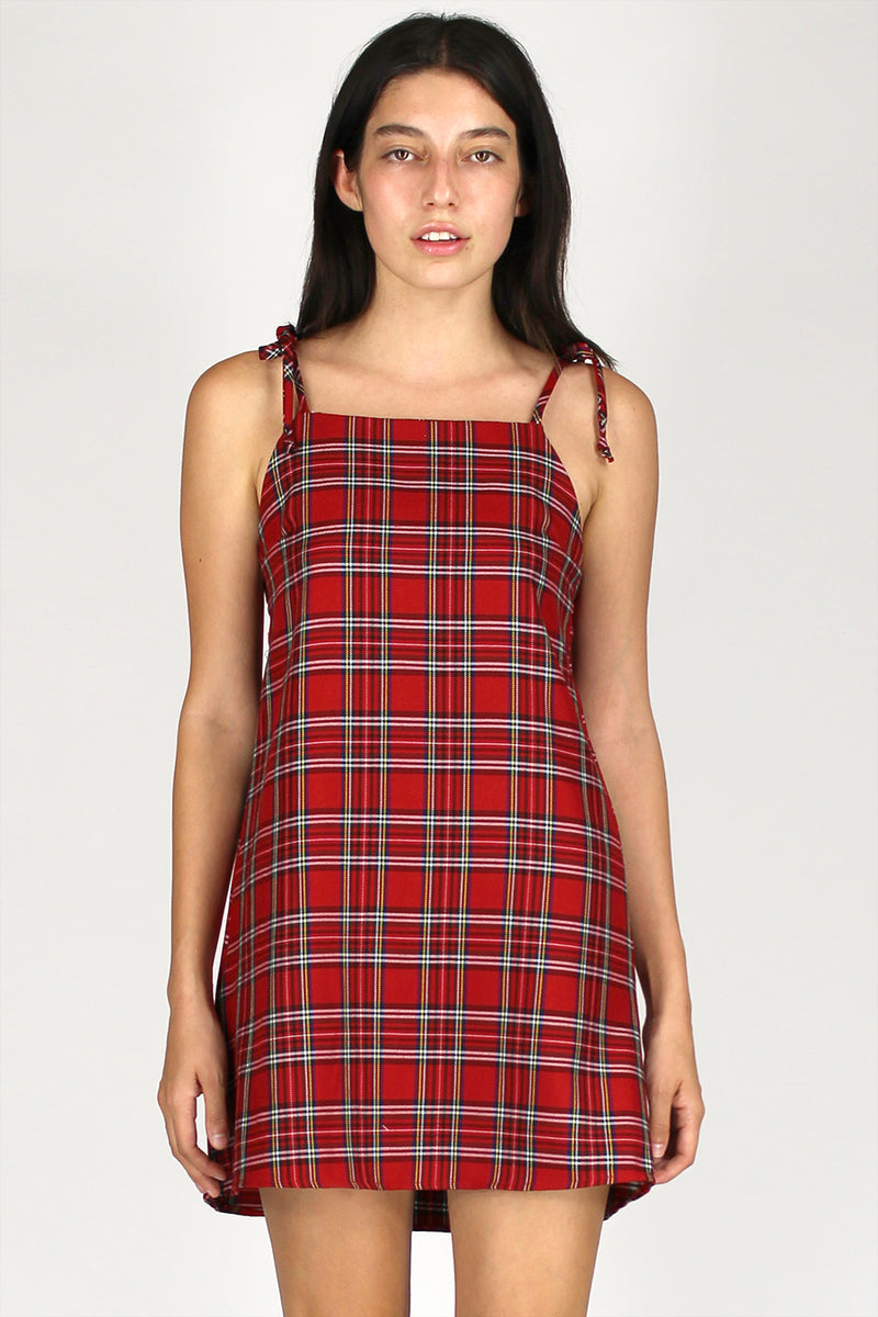 Ribbon Square Neck Dress - Red Plaid purrrshop Ribbon Square Neck Dress - Red Plaid purrrshop