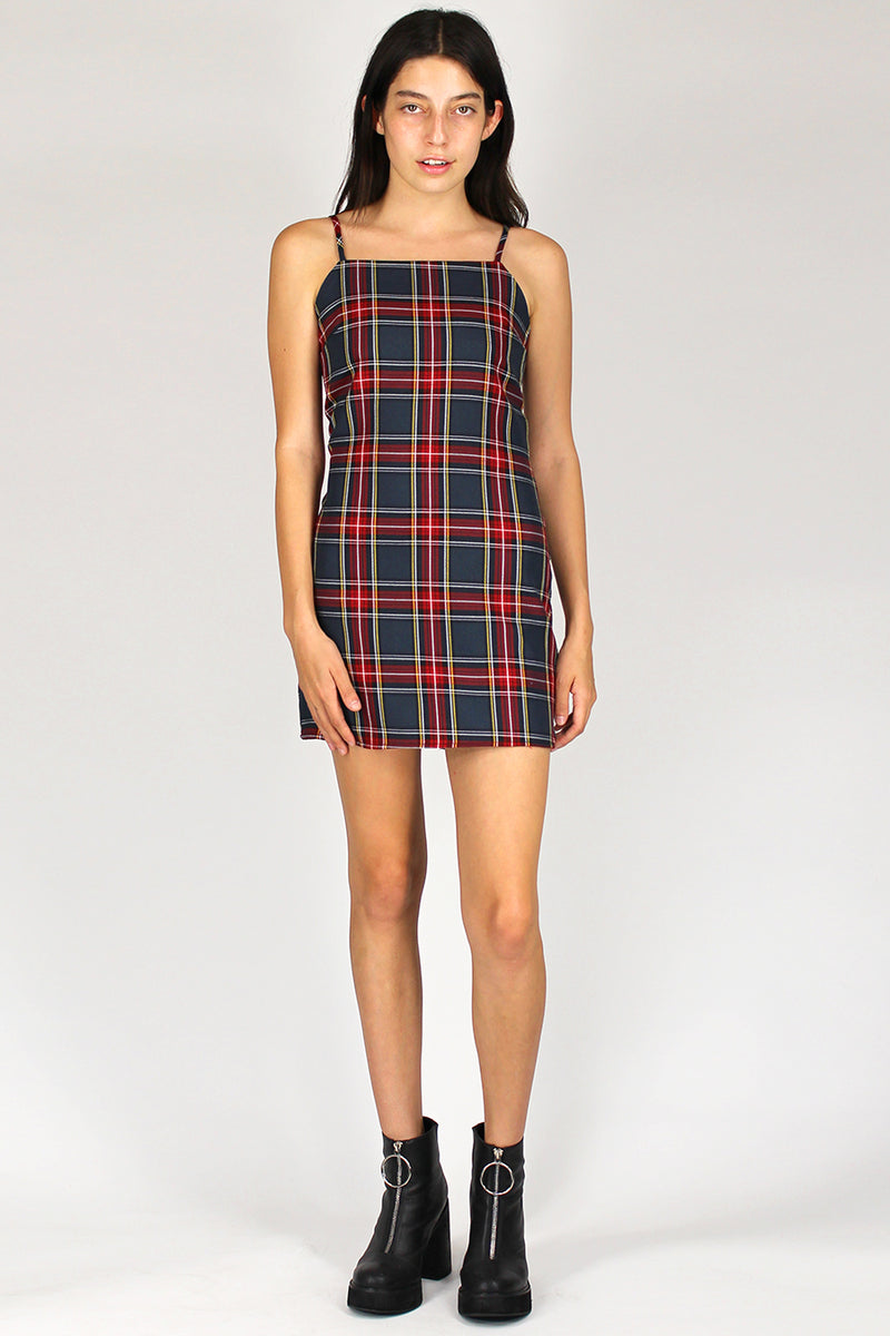 Fitted Square Strap Dress - Tartan