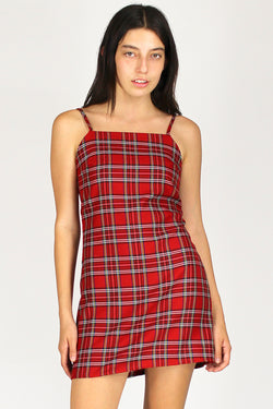 Fitted Square Strap Dress - Red Plaid