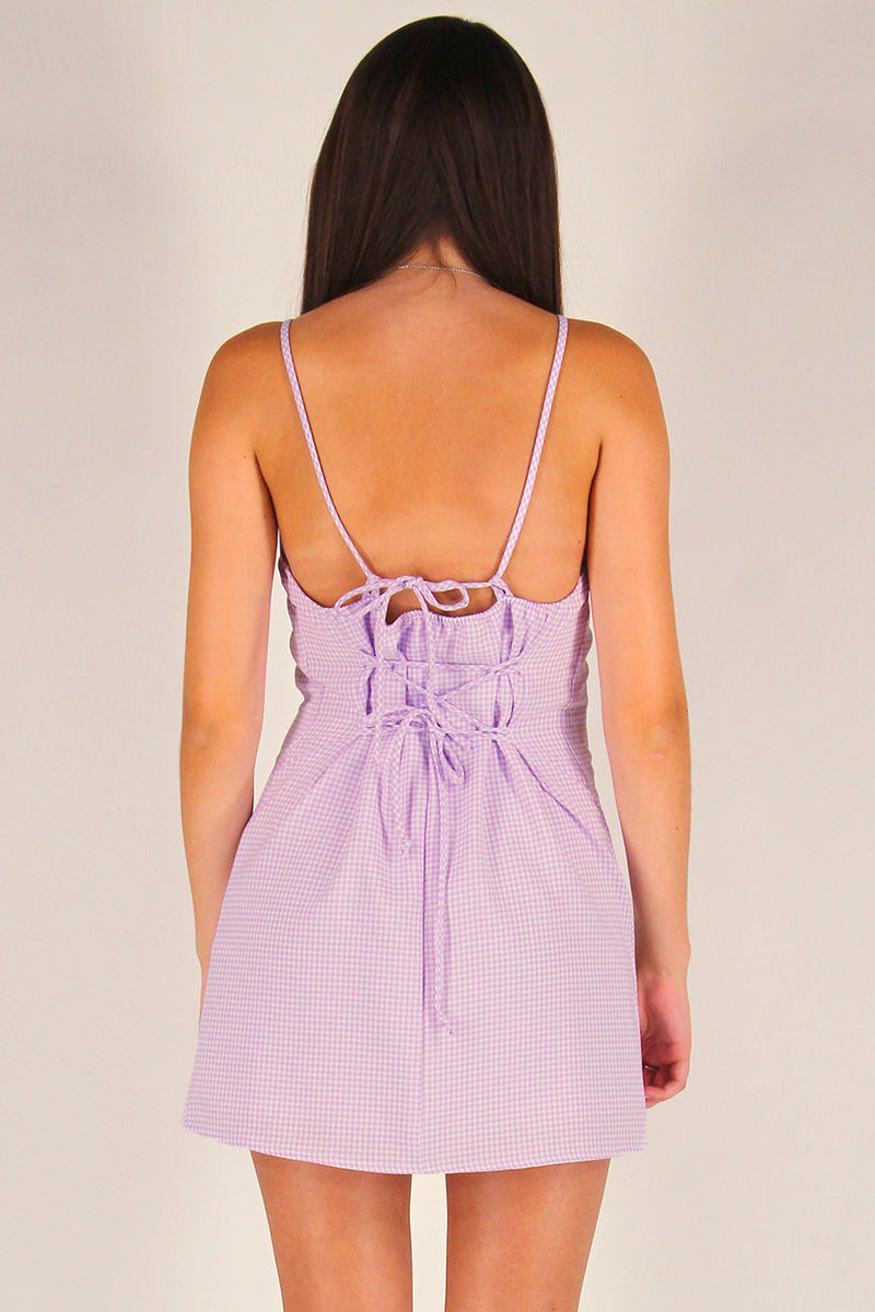 Adjustable Lace Back Dress - Lavender Gingham