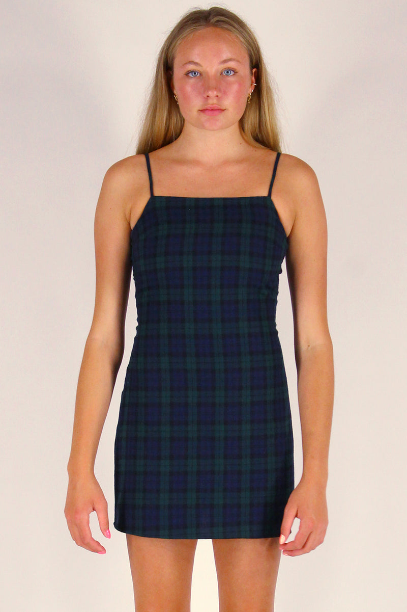 Fitted Square Strap Dress - Flannel Navy Green Plaid