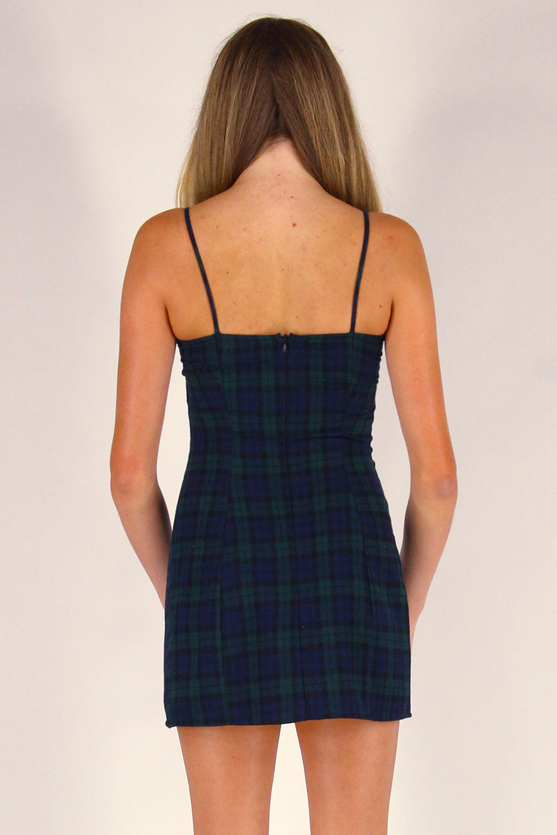 Fitted Square Strap Dress - Flannel Navy Green Plaid purrrshop Fitted Square Strap Dress - Flannel Navy Green Plaid purrrshop