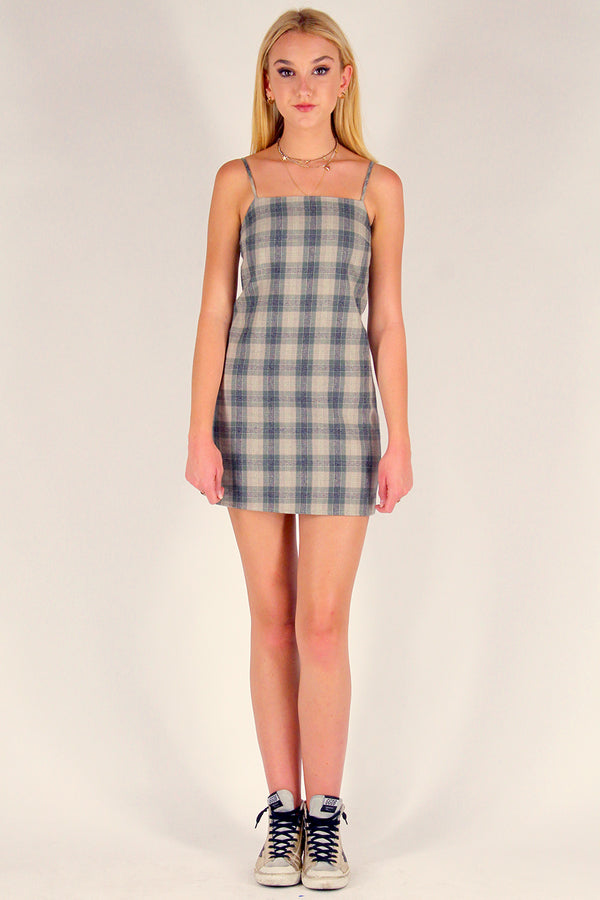 Fitted Square Strap Dress - Flannel Green Beige Plaid