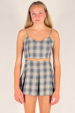Adjustable Cami Top and Pleated Skirt - Flannel Green Beige Plaid