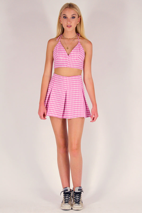 Bralette and Pleated Skirt - Flannel Pink Checker