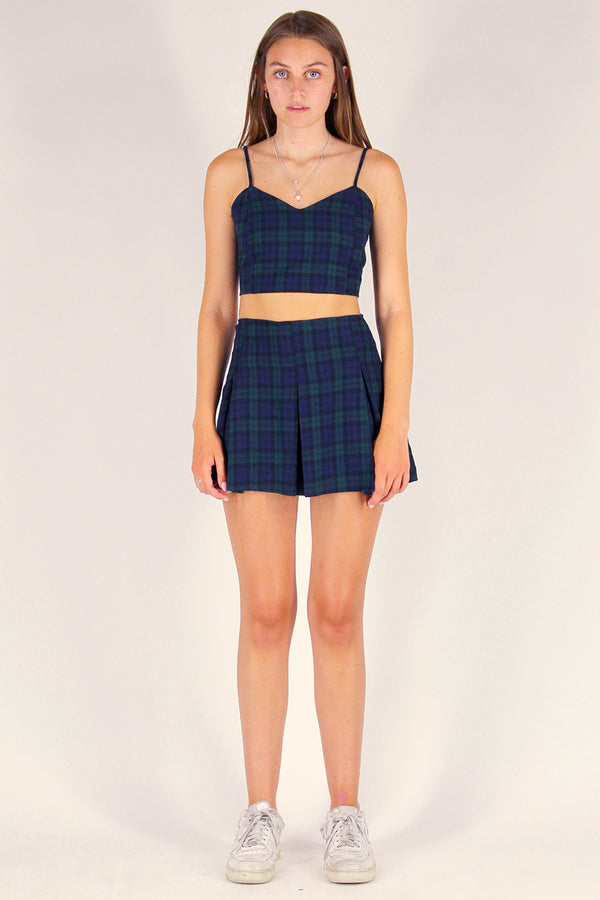 Adjustable Cami Top and Pleated Skirt - Flannel Navy Green Plaid
