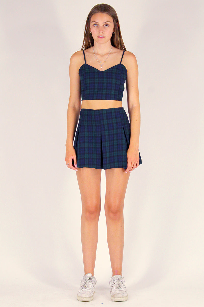 Adjustable Cami Top and Pleated Skirt - Flannel Navy Green Plaid
