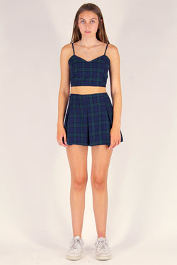 Pleated Skirt - Flannel Navy and Green Plaid
