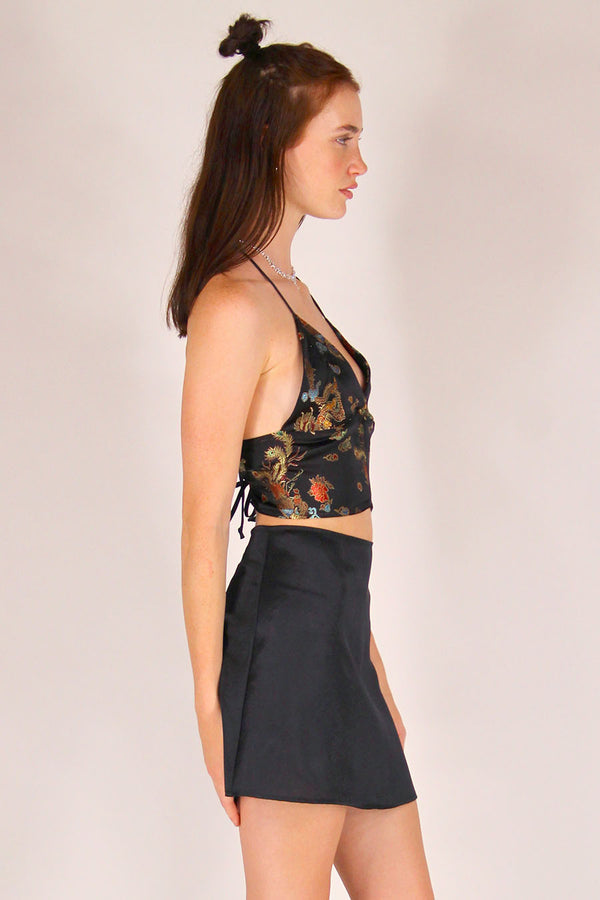 Bralette Crop Top - Black Satin with Dragons