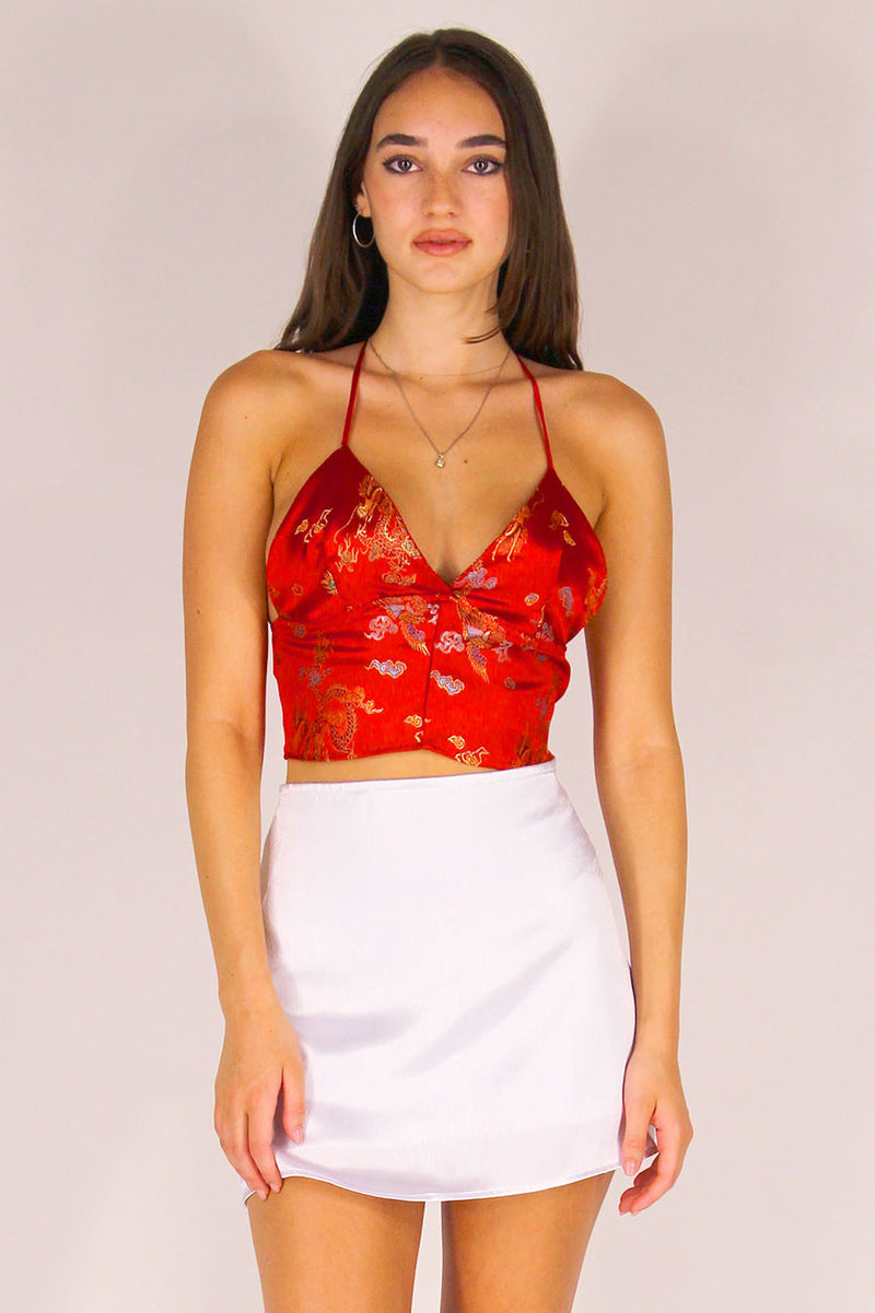 Bralette Crop Top - Red Satin with Dragons