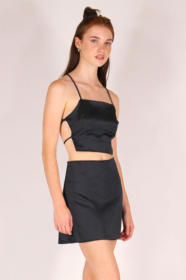 Backless Crop Top and Skirt - Black Satin
