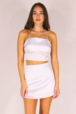 Backless Crop Top and Skirt - White Satin