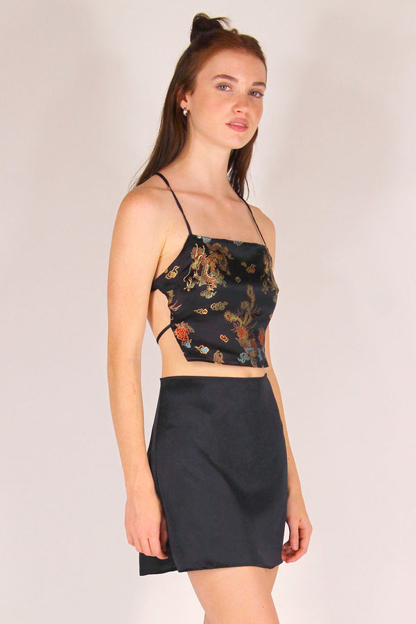 Backless Crop Top - Black Satin with Dragons