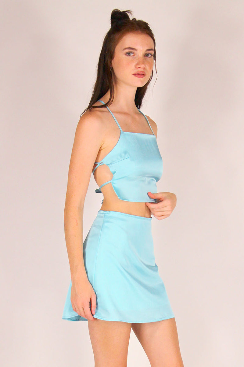 Backless Crop Top and Skirt - Baby Blue Satin