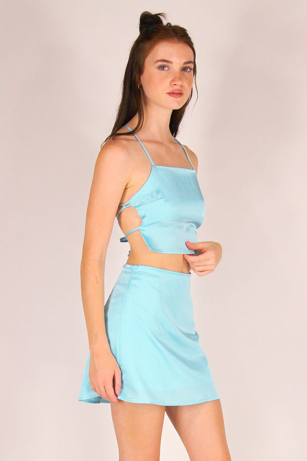 Backless Crop Top - Baby Blue Satin