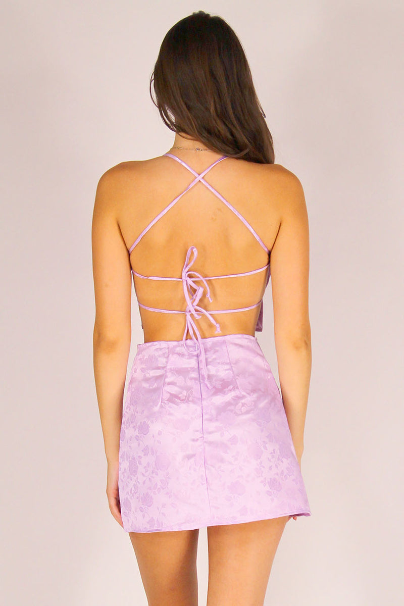 Backless Crop Top and Skirt - Lavender Satin with Roses
