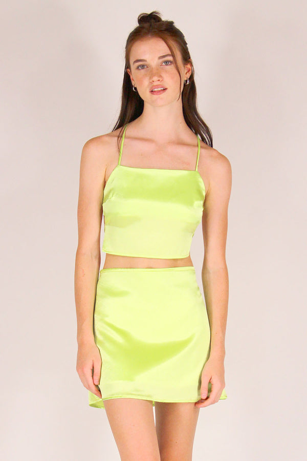 Backless Crop Top and Skirt - Lime Green Satin