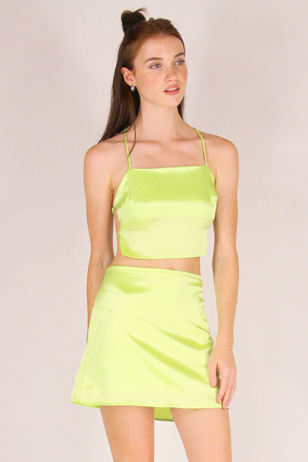 Backless Crop Top and Skirt - Lime Green Satin