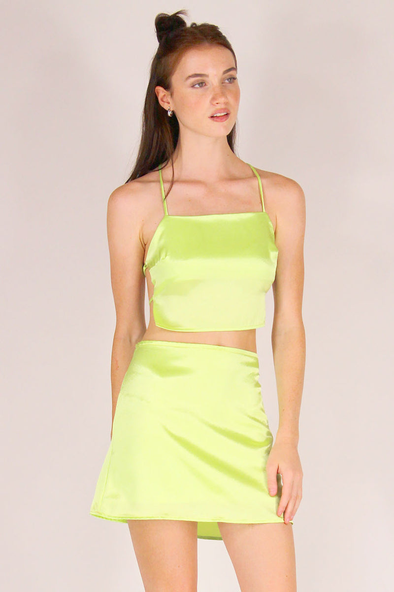 Backless Crop Top and Skirt - Lime Green Satin purrrshop Backless Crop Top and Skirt - Lime Green Satin purrrshop