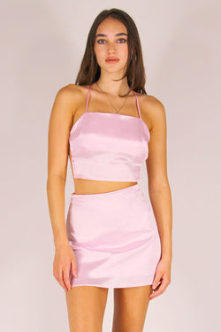 Backless Crop Top and Skirt - Pink Satin